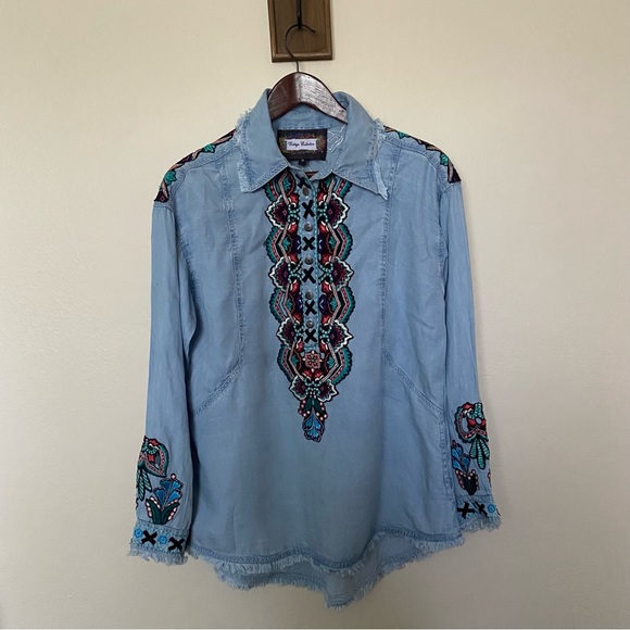 Vintage Collection Boho Charlie Floral Embroidered Tencel Denim Shirt Sz Medium - Picture 2 of 7